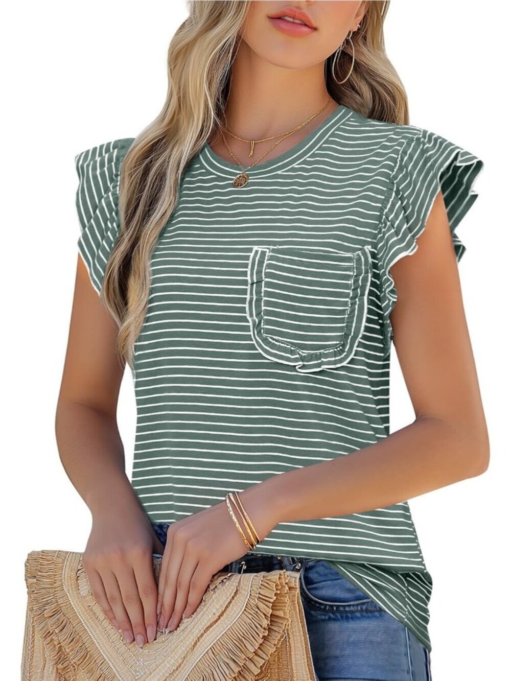 Women's T-Shirts Green Ruffle Short Sleeve Crew Neck Casual Blouses with Pocket
